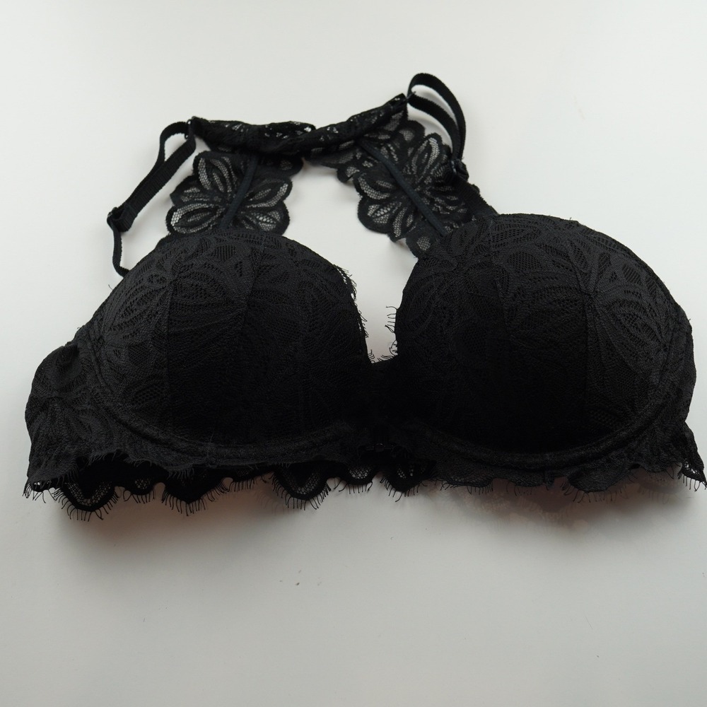 PINK Victorias Secret Black Lace Push Up Bra Floral Back Detail 34C Underwired